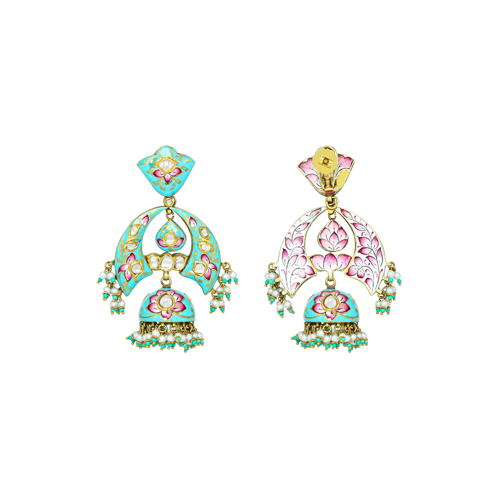 Pastel Enamel Jhumkas with Pearl and Turquoise Danglings